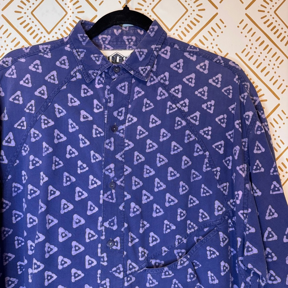 Vintage Button Down Shirt Size M Purple Batik Geometric Cotton Summer Casual - Picture 3 of 13